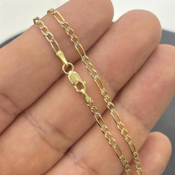 14K Yellow Gold Two Tone Necklace Figaro 18" Chain for Youth Fashion Design Gift - Picture 4 of 5